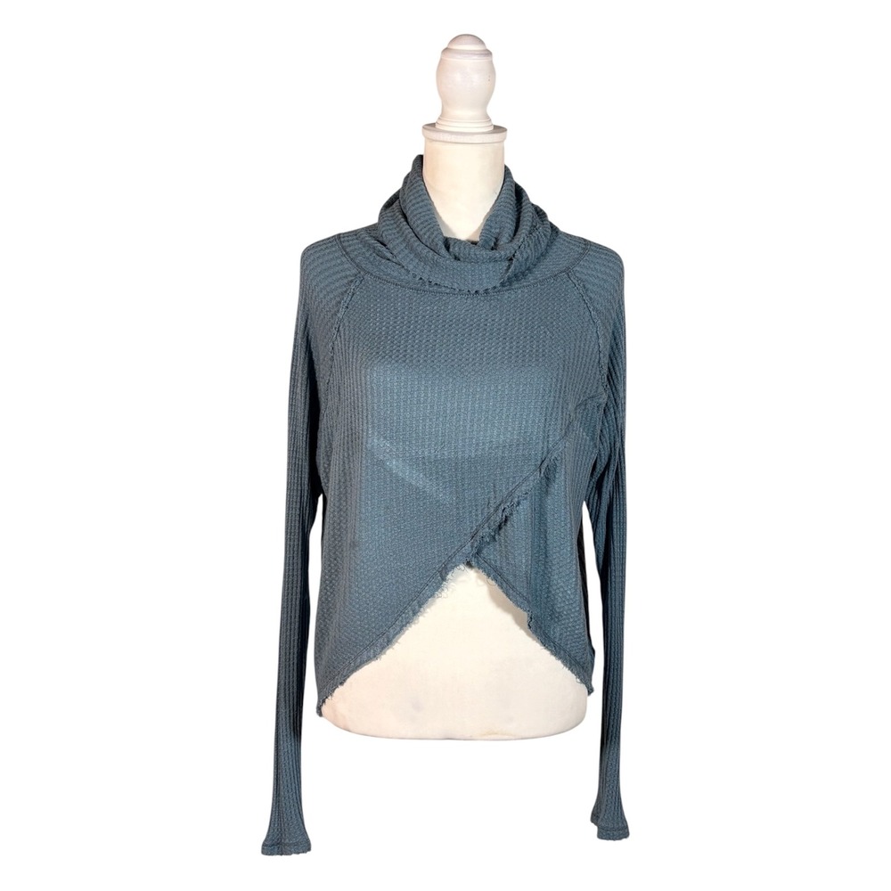We The Free Blue Waffle Knit Top Sz S Long Sleeve Casual Relaxed Boho Cozy Comfy